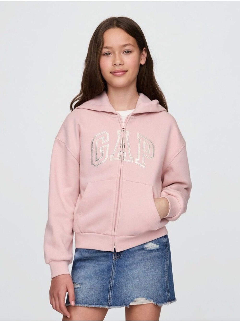 GAP sz 10 Light Pink Zip-Up Hoodie with Metallic Logo new